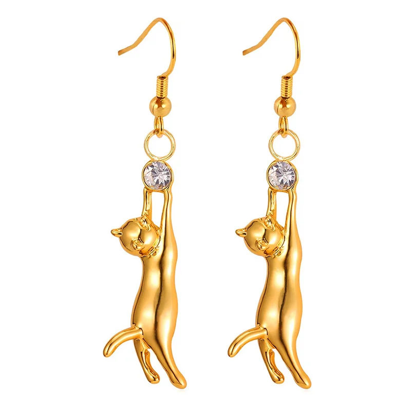 

Hook Earrings Wholesale Pierced Ears Brass 18K Gold Plated Rhinestone Cat Feature Dangled Pendant Shiny Cute 4 Colors