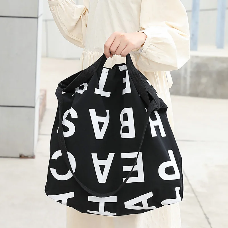 

2021 casual large capacity canvas bag letter printing custom handbag plain fashion single shoulder crossbody bag wholesale, Black