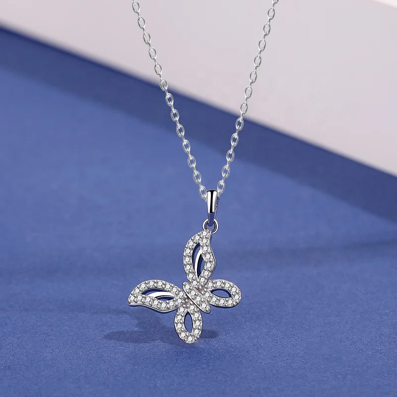 

Full diamond hot selling S925 sterling silver elegant butterfly necklace for women white CZ butterfly necklace, As pics