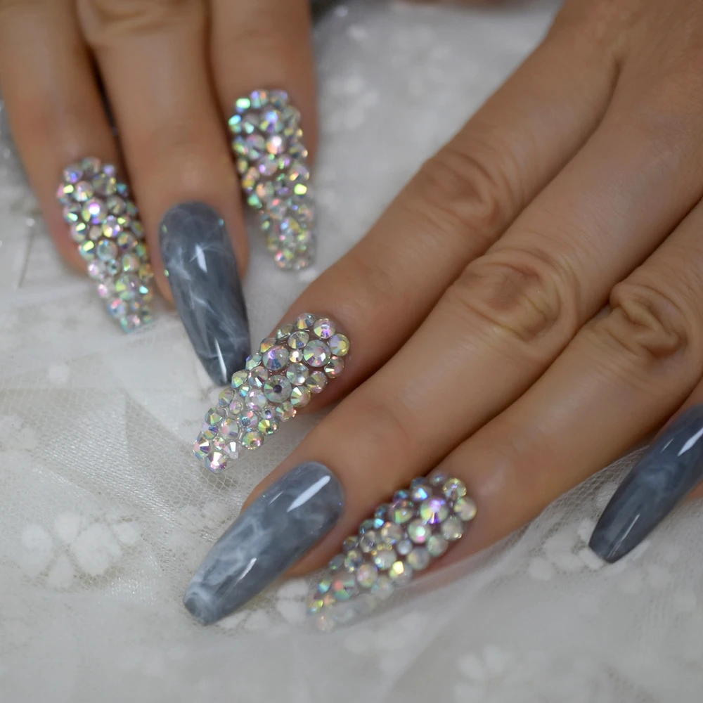 

24pcs Grey Pink False Nail Rhinestone Decoration Long Ballet Nail Marble Print Wearable Artificial Fingernails