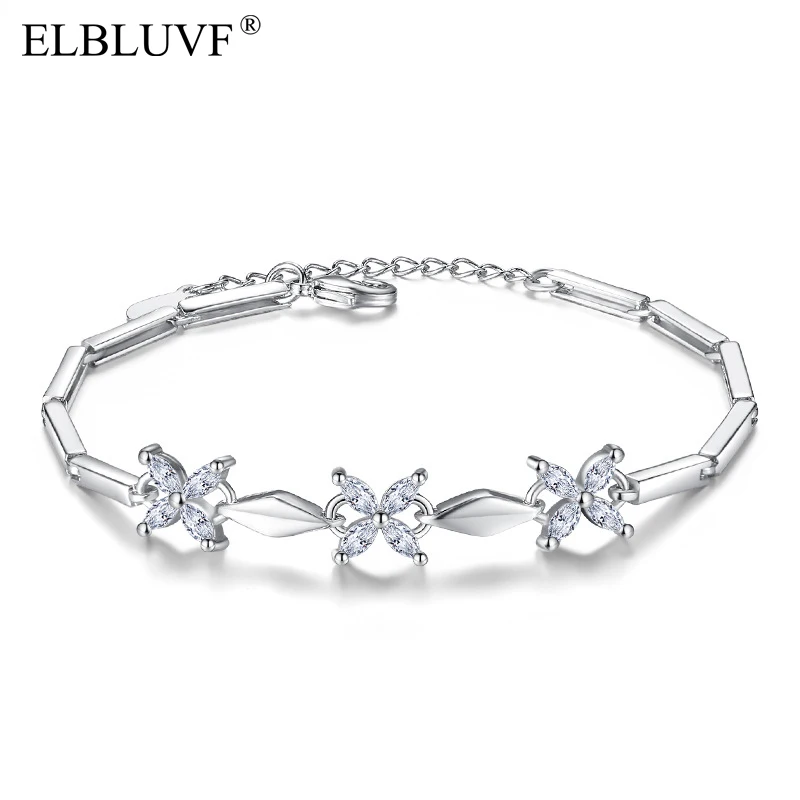 

ELBLUVF Free Shipping Women Jewelry Alloy Copper Zircon Silver Color Flower Butterfly Bracelet