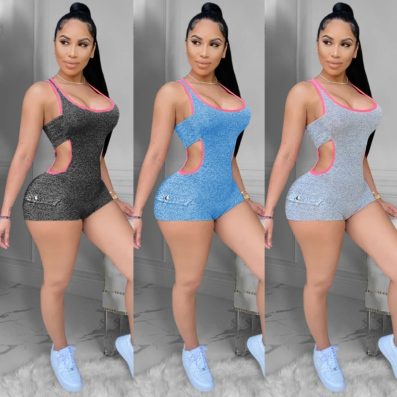 

Summer Women Playsuit Solid Sleeveless O-neck Hollow Out Sheath Bodycon Playsuits One Piece Set Tracksuit Outfit Jumpsuit, Gray, black, blue