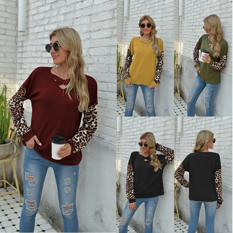 

Winter Custom Women Graphic Tees Tops Ladies Soft Cross V Neck Leopard Patchwork Plus Size Long Sleeve Shirt Woman