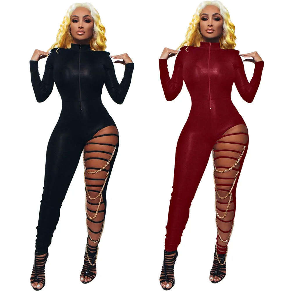 

2020 Fall Hot Sell Long Sleeve Jumpsuit Women Sexy Hole Chain Irregular Club One Piece Rompers Zip Bodycon Women Winter Jumpsuit