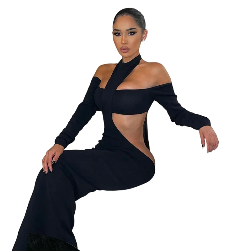 

K21S07960 High Street Solid Irregular Hollow Out 2-Piece Set Long-Sleeved Shoulderless Top +Halter Slim Dress Women Sexy Set