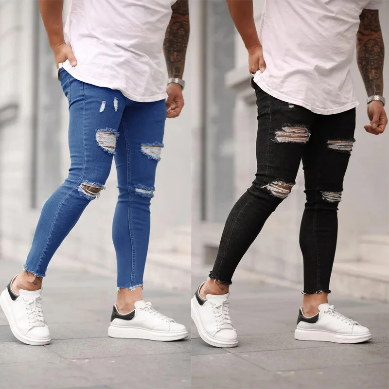 

Custom Men's Ripped Stretch Skinny Skinny Jeans Ripped Cropped Jeans Biker Jeans Men
