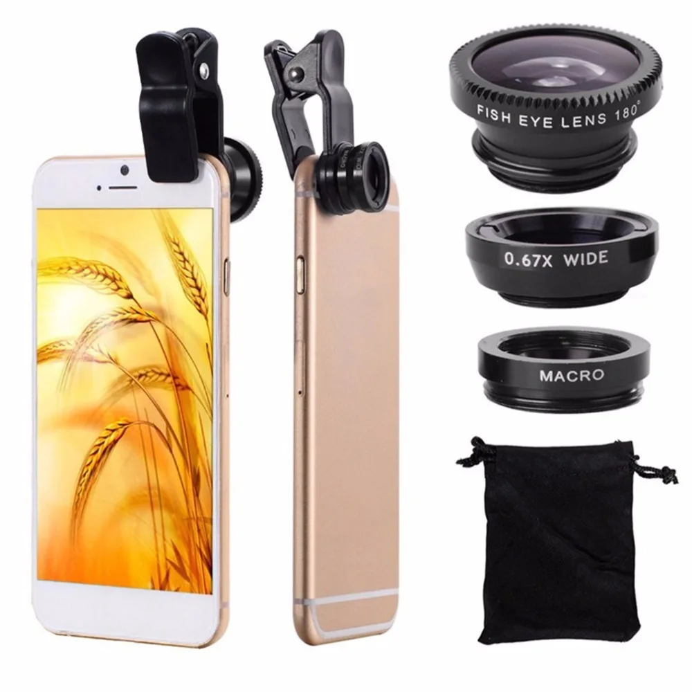 

2020 Christmas Gift Mobile Phone Lens 3 in 1 Wide Angle Len 0.67X Macro HD Camera Lens Universal for All Smartphones, Gold, silver, black, rose etc