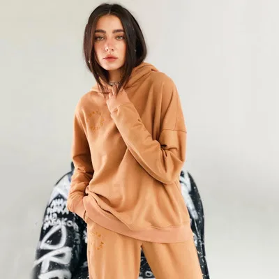 

Factory wholesale 2021 European autumn new fashion solid color hooded sweater casual two-piece suit female