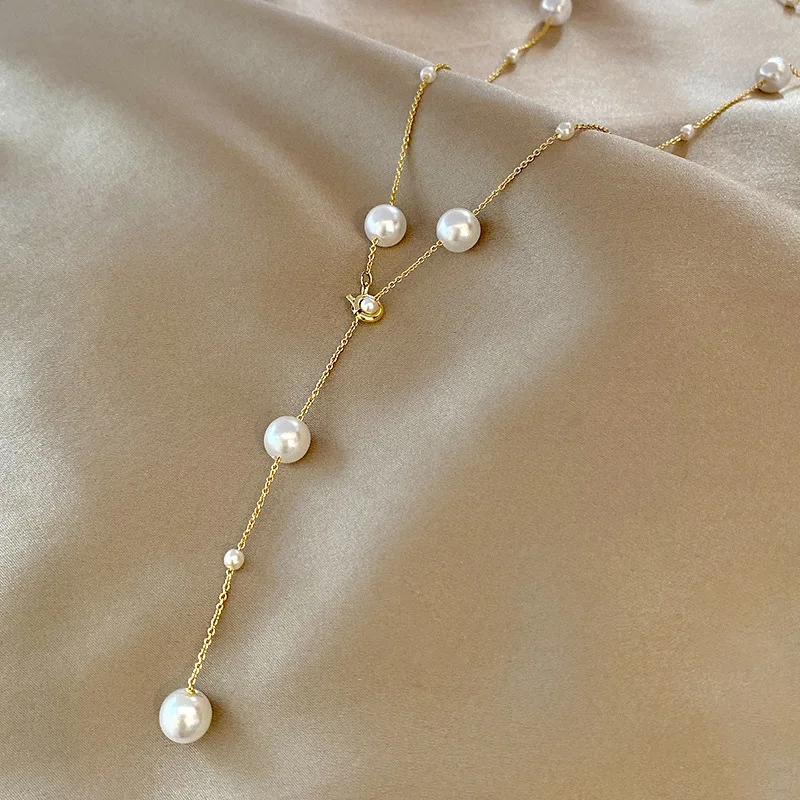 

DAIHE New Korea Fashion Long style Clavicle Chain Gold Plated Pearl Titanium Steel Necklace For Women