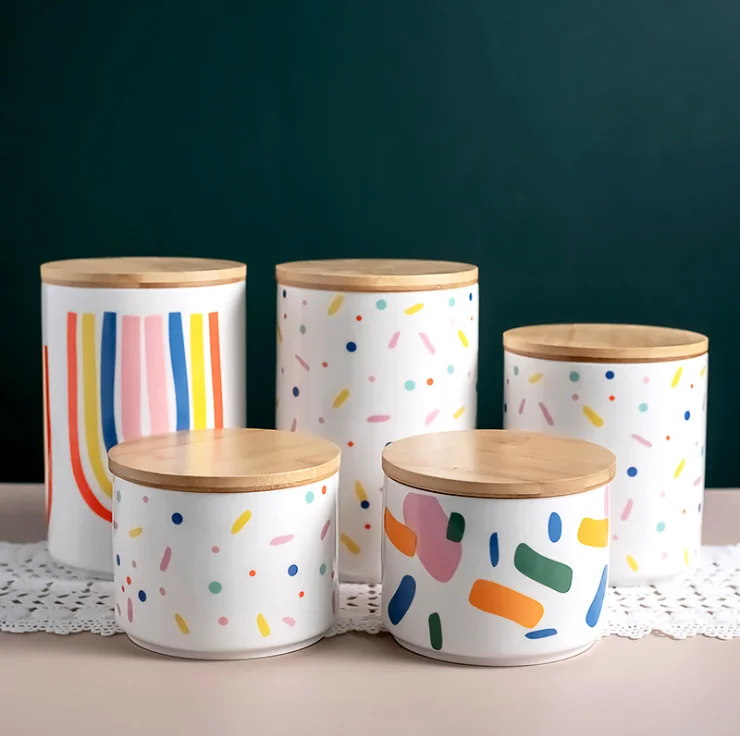 

Wholesale elegant decal printed 3 piece cylinder sugar coffee tea ceramic kitchen canister sets with wood lid, Colorful