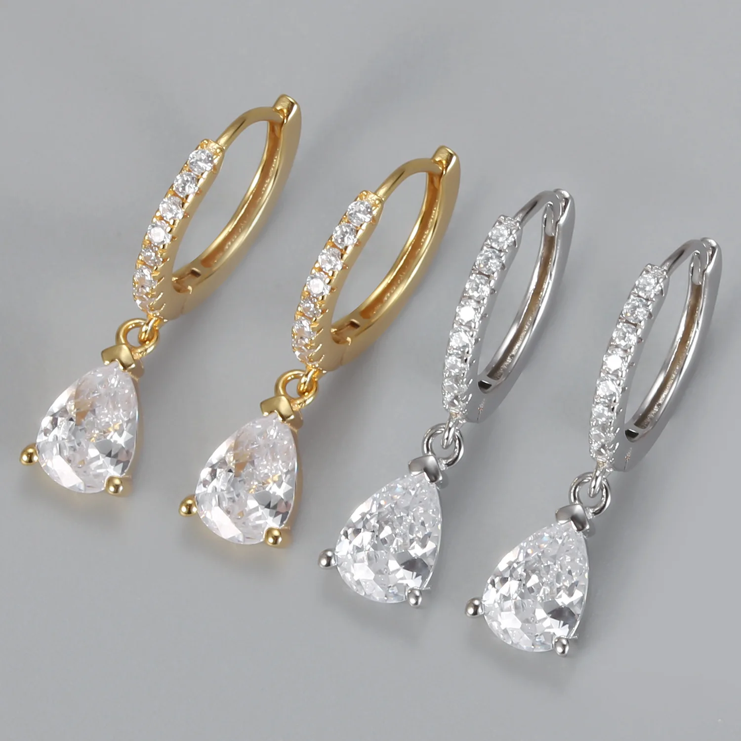 

925 Sterling Silver Women Luxury Style CZ Pave Hoops White Stone Crystal Tear Drop Earrings 18k gold plated Silver 925 Jewelry