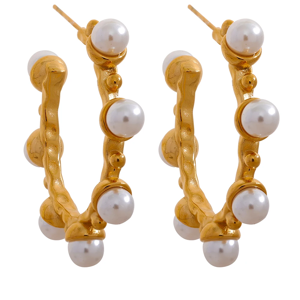 

JINYOU 1096 Elegant Artificial Pearls Geometric Big Round Hoop Earrings Women Stainless Steel Jewelry Metal Gold Color Pendiente