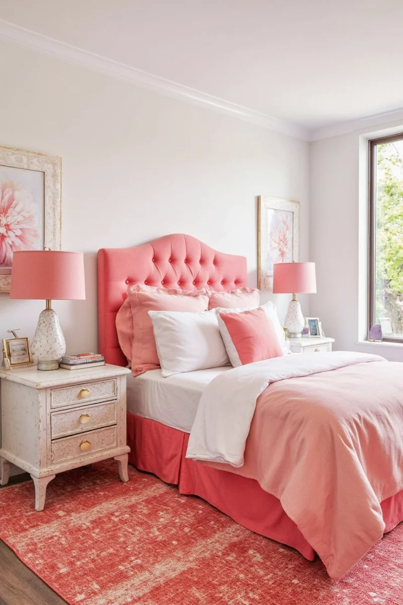 Coral-colored bedroom curtains