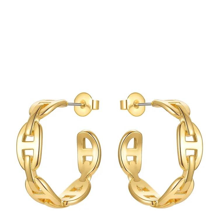 

Latest High Quality 18K Gold Plated Brass Jewellry Chain Hollow Hoop Fashion Accessories Earrings E211274