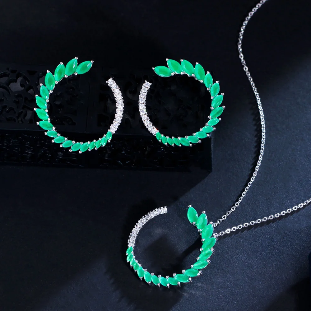 New Temperament Half Round Green Leaf Shaped Marquise Cut Cubic Zircon Crystal Stud Earrings and Necklace Jewelry Set for Women