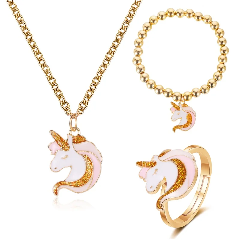 

Bracelets Kids Jewelery Rings Necklace Sweet Girl Pink Unicorn Gold Alloy Jewelry Set, Picture shows