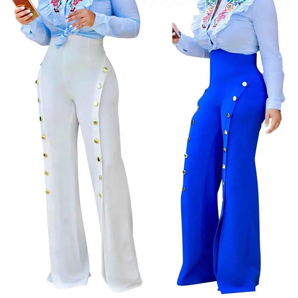 

2020 new women casual button slit flared trousers highwaist pants, White rose red black blue or customized