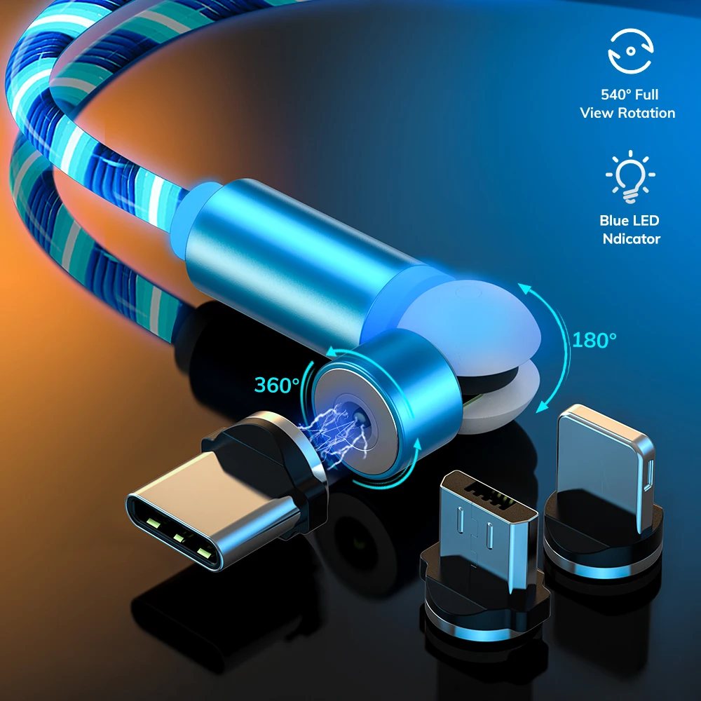Topk android ios usb phone cable type-c 540 rotating led flowing light magnetic charging cable 3 in 1 - ANKUX.COM