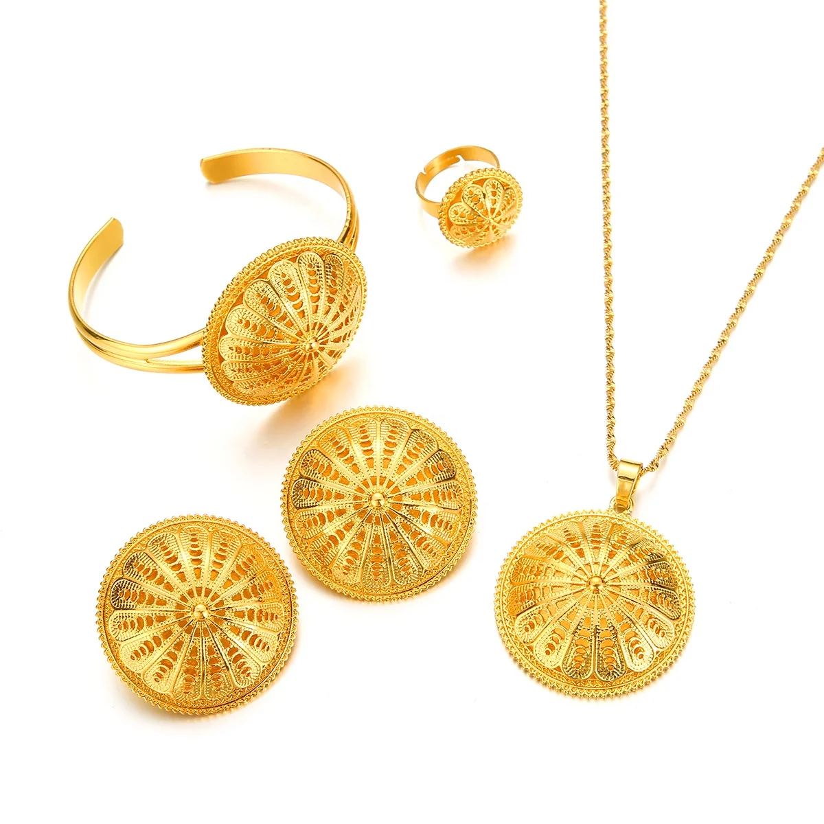 

Ethiopian Gold Color Pendant Necklaces Earrings Ring Bangles for Women Eritrean African Bride Jewelry Set