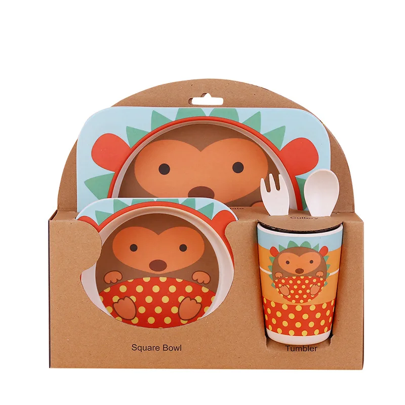 

New Bamboo Fiber Tableware Cartoon Children's Chinese Plate and Bowl Cup Spork Gift Box Five-Piece Set