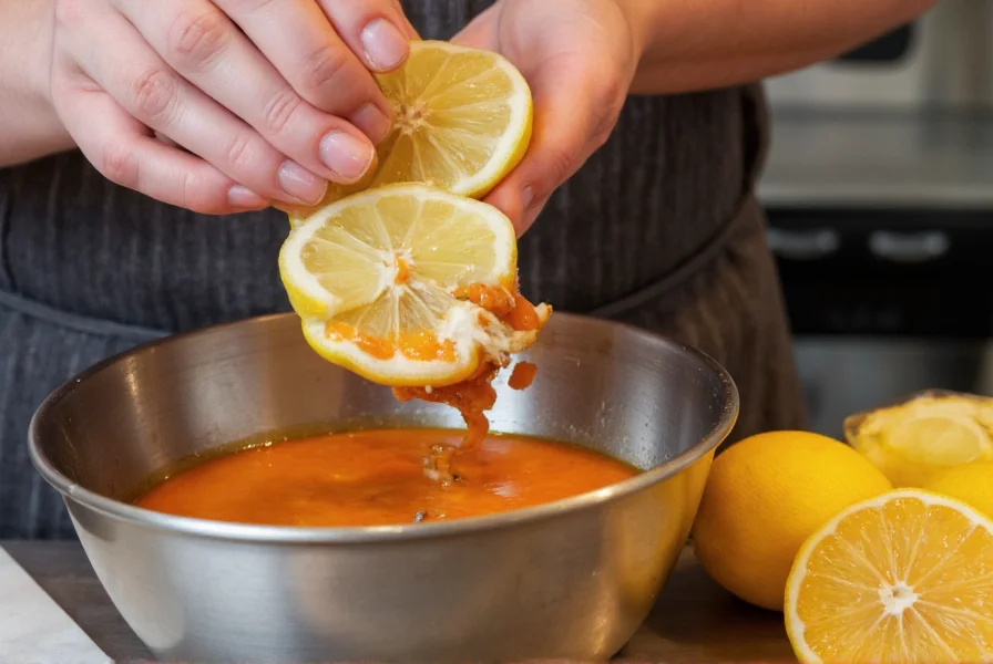 Professional chef preparing lemon pepper wing sauce in stainless steel bowl with fresh lemons and cracked pepper