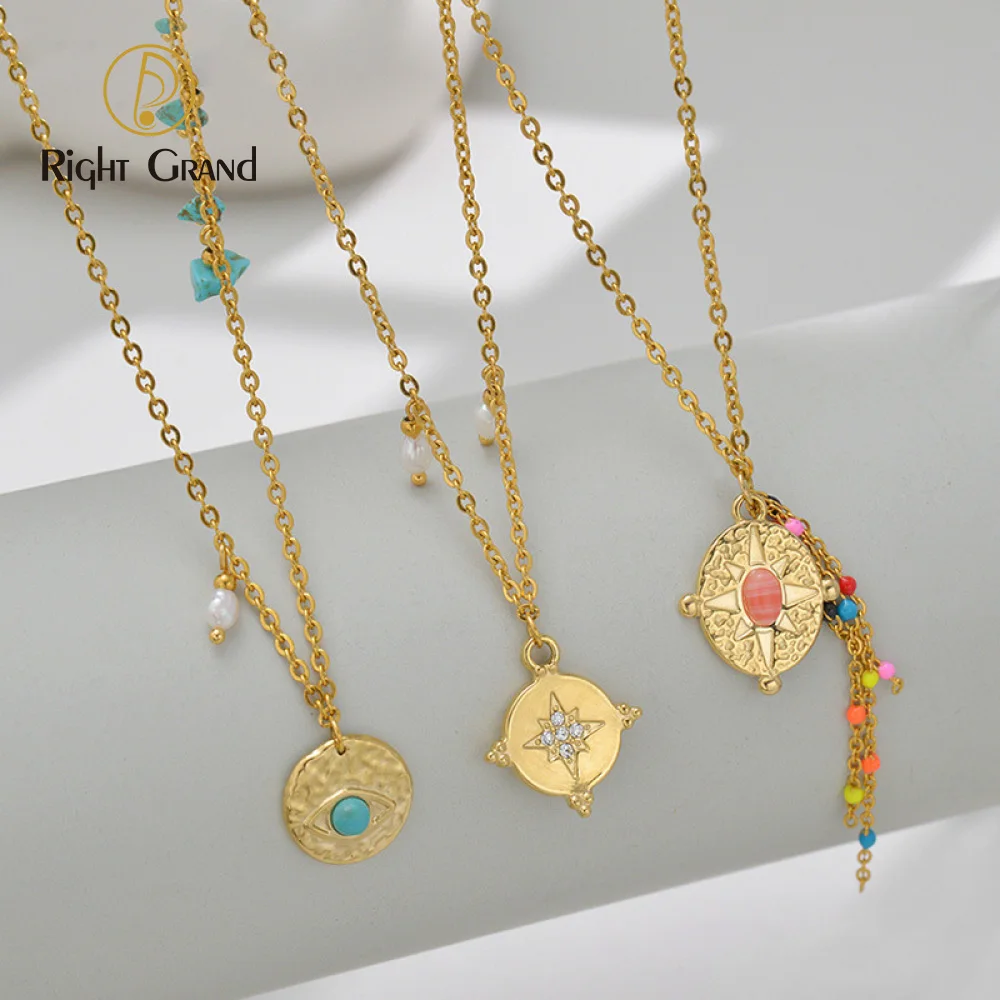 

Stainless steel north star eyes pendant necklace turquoise stone beaded fringe enamel heart coin necklaces