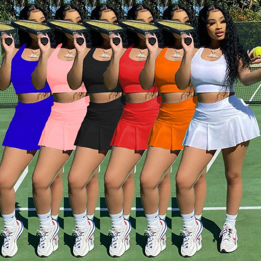 

S7020 - Fashion Sports Sleeveless Solid Crop Top And Skirt Women Two Piece Outfits