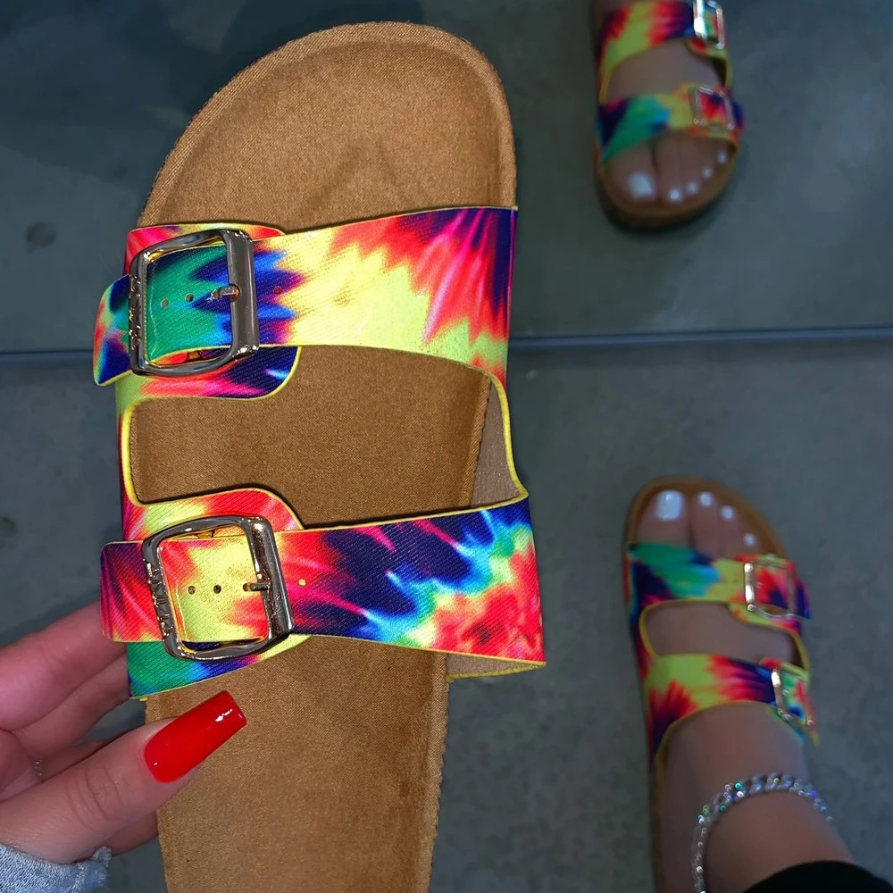 

Fashion New Ins Tie dye Slides Slippers for Women Cork Sandals Summer Outdoor Beach Flat Slipper Sandal for Ladies Amazon Design