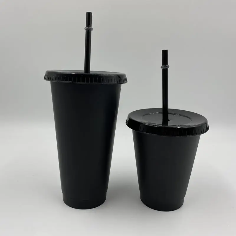 

16oz 24oz Clear black plastic cup juice frosted cups with lid and straw bulks custom logo colour changing clear cup custom logo, No colour