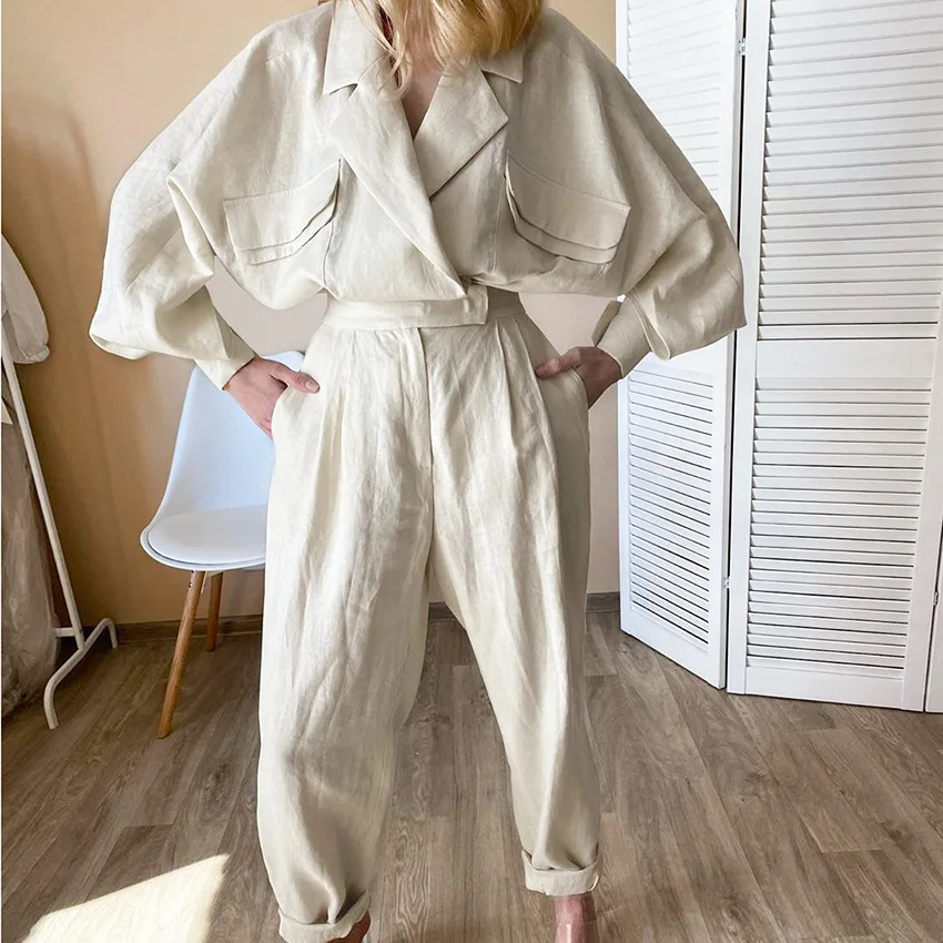 

Women Two Pieces Sets Big Hollow Out Sleeve Design Cotton And Linen Oversize Women Clothes And Pants Suit Women's Tracksuit