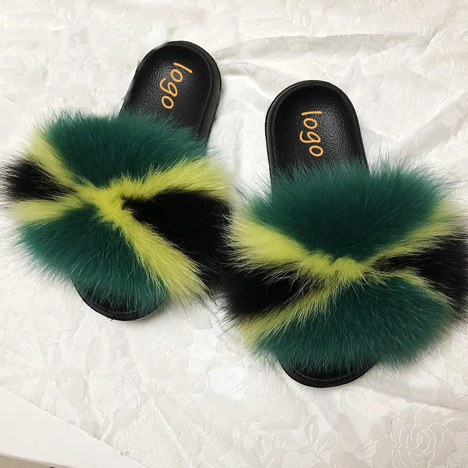 

2020 PVC Sole Multi Colors Rainbow flag color Fox Fur Slippers Natural Color Raccoon Fur Slides with Purse for Girls, Customized color