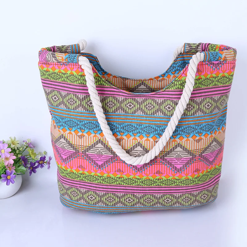 

Wholesale woman fashion colorful ethnicity summer bag cheaper customized canvas handbag tote beach bag