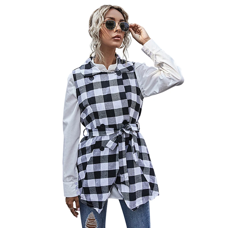 

2021 autumn and winter irregular hem sleeveless top loose plaid women's coat