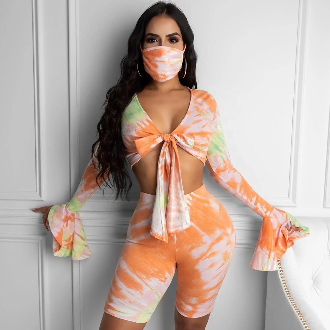 

Wholesale Flared Sleeve Ladies Two Piece Set Outfit Tie Dye Summer Sexy Women Two Piece Short Set