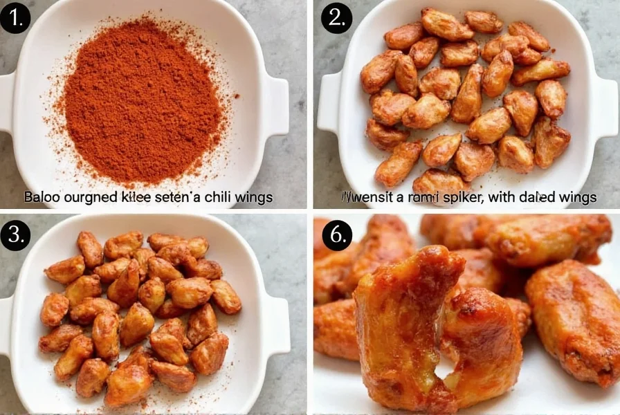 Step-by-step preparation of chili wings showing dry rub application, baking process, and final saucing technique
