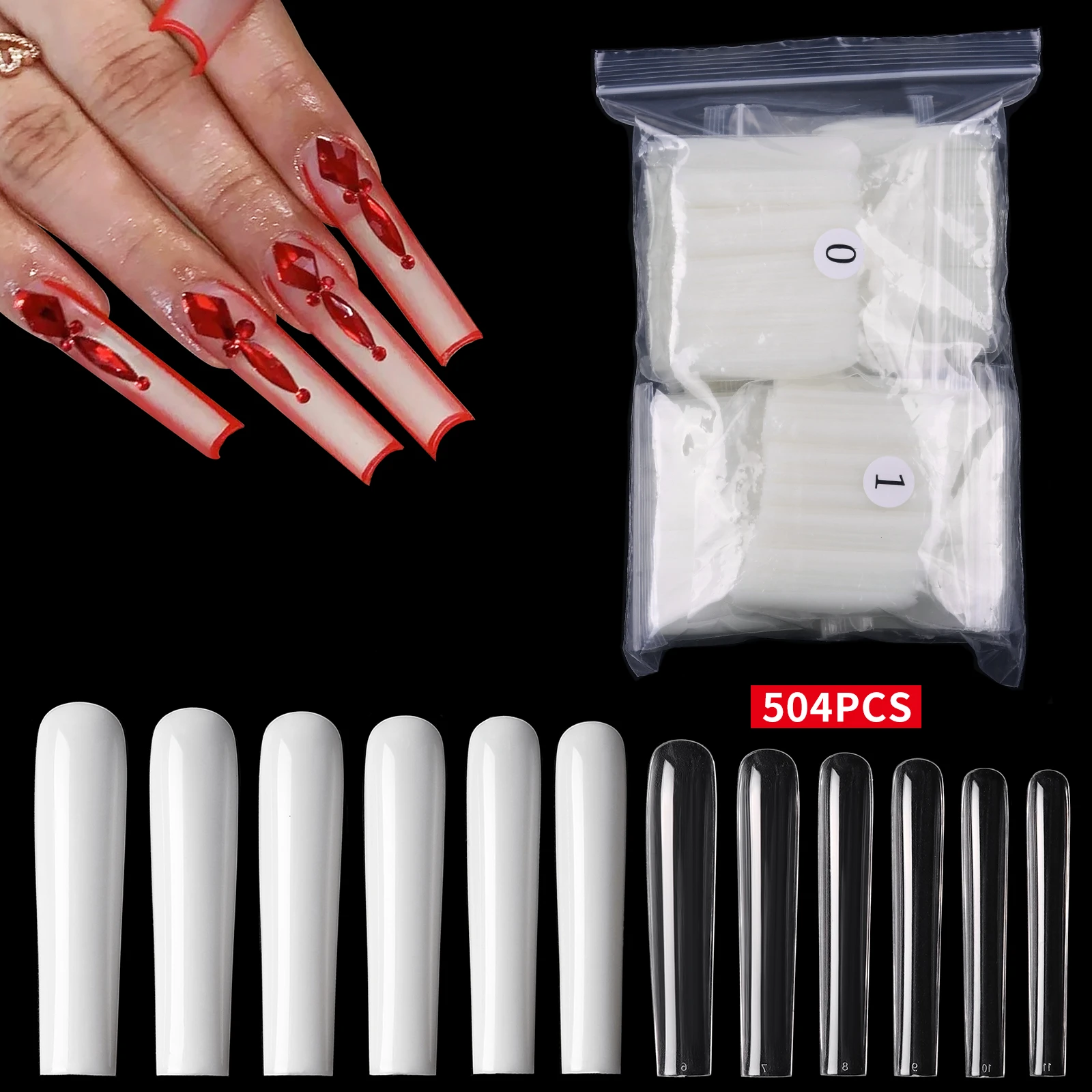 

504 pcs XXL long ballet false nails full coverage ballet coffin trapezoid clear/natural nail tips