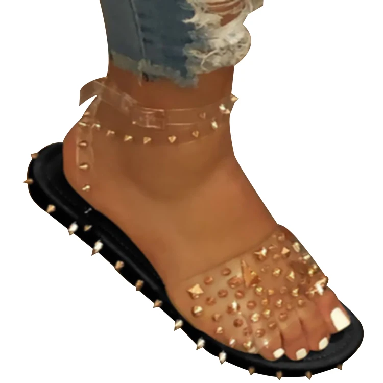 

Rubber Plastic Bling Sandals Transparent Fashion Flat 2 Straps Platform Luxury PVC Women Rhinestone Sandals Accept Custom 2pcs, Picture shows