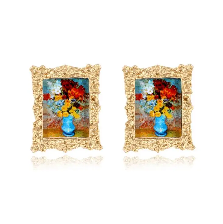 

Creative gold plated Landscape painting album stud earrings jewelry for women
