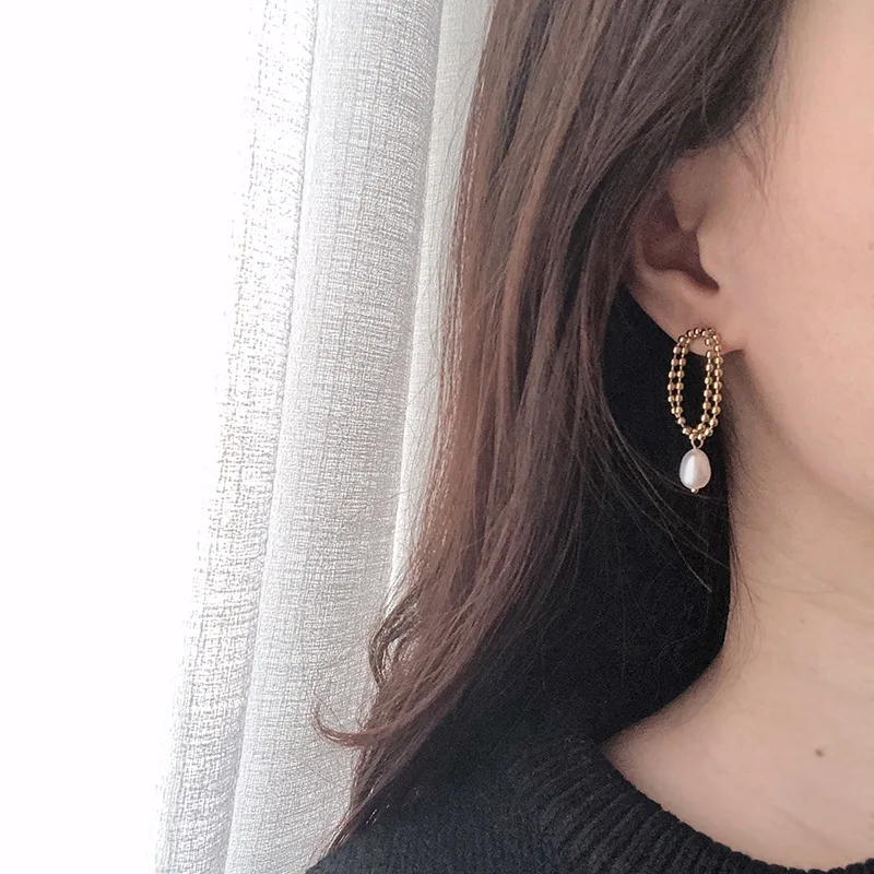 

Newest Product Stainless Steel Needle Bead Chain Pearl Earrings Real Gold Filled Double Layer Gold Bead Chain Pearl Drop Earring