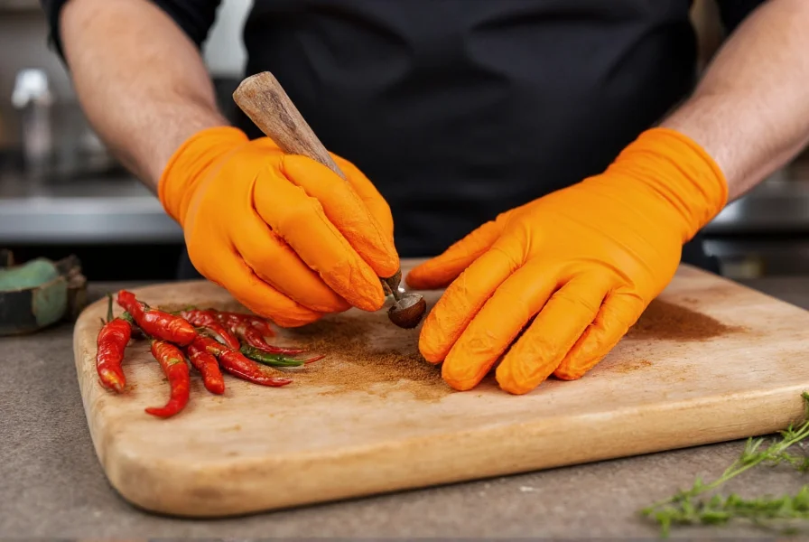 Chef carefully measuring tiny amount of scorpion chili powder for hot sauce preparation with safety gloves