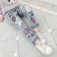 

Wholesale Kids Elastic Waist Cartoon Denim Long Pants Autumn Girls Jeans