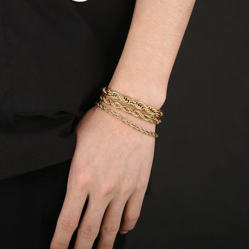 

Wholesale Trendy Jewelry Chunky Twisted Rope Chain Bracelet 18K Gold Plated Stainless Steel Hip Hop Twist Chain Bracelet