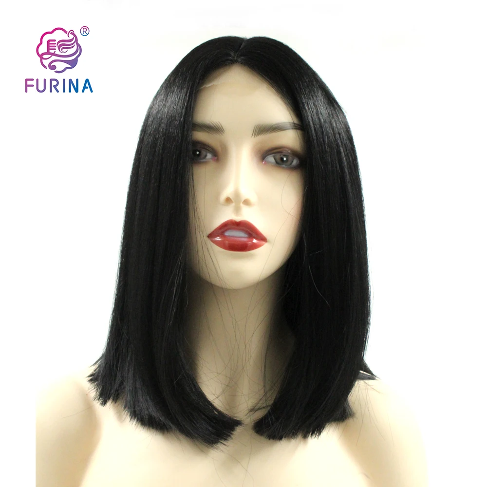 

Cheapest synthetic lace front wig 2*4 U part short silky straight middle part 1B# BOB frontal wig