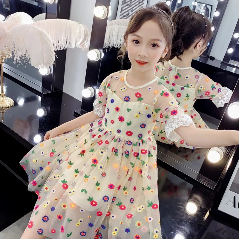 

New fashion toddler Girls short sleeve lace flower embroidered tulle princess dress, Picture shows