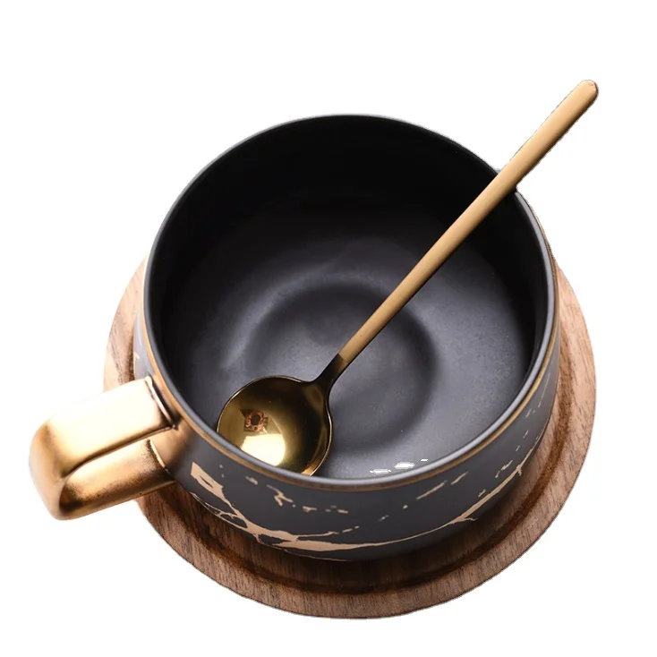 

Nordic Style Gold Marble Tea Cup Ceramic Coffee Mugs Wholesale Teacup with Wooden Lid, Black/white