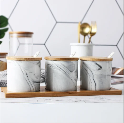 

Ceramic Marble Jar Food Storage Box Spice Container Jars For Pepper And Salt With Bamboo Lid