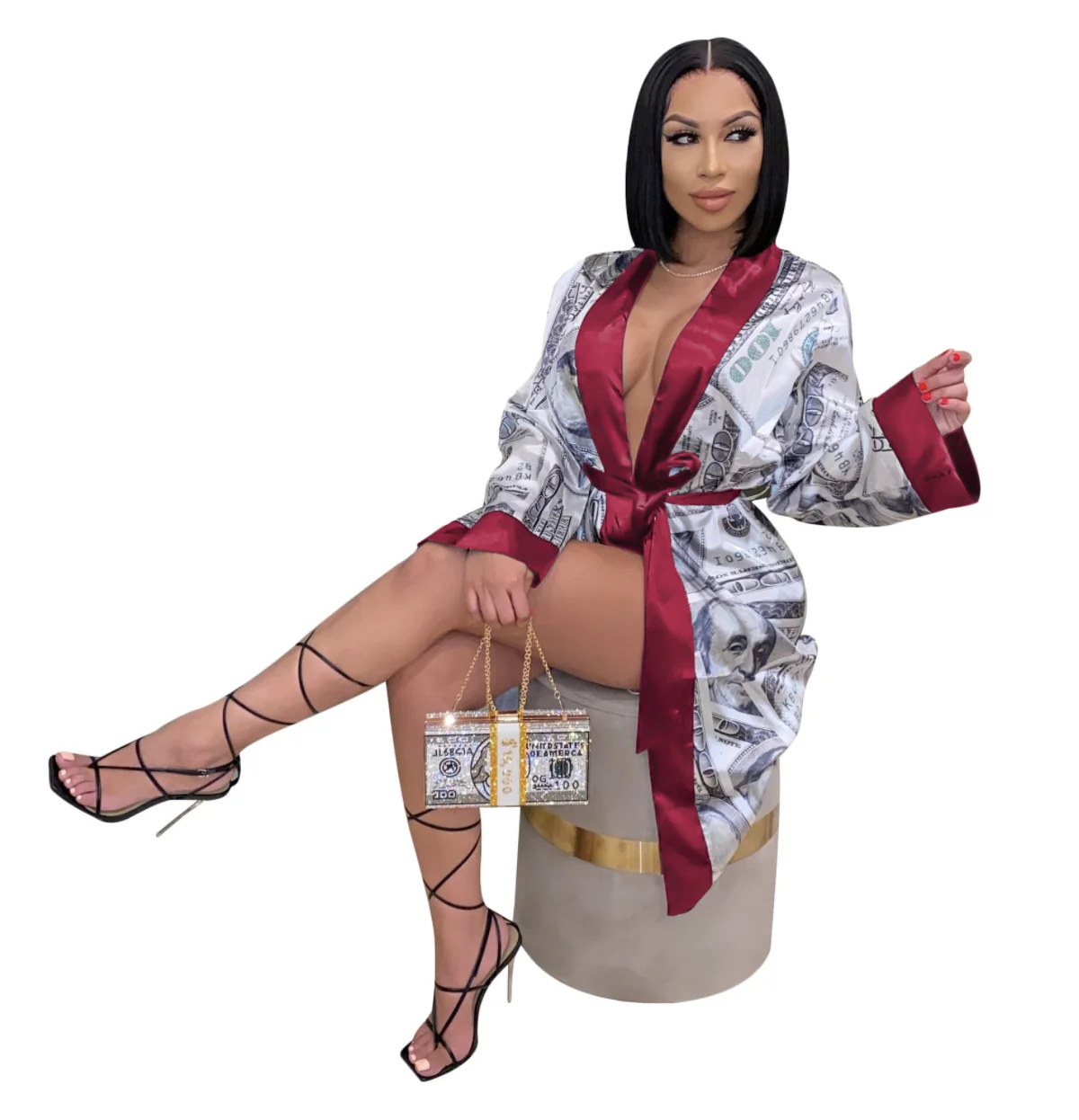 

Red Money Robe Sexy Lingerie Sleepwear Print Satin Silk Bath Robe Women Money Robe, Yellow, purple, red, brown, pink, black, white, orange...