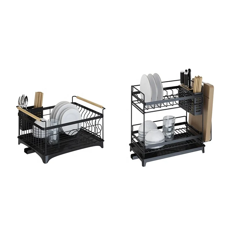 

2020 New Design Dish Drain Kitchen Storage 2 Layer Black Tableware Rack, Black/white