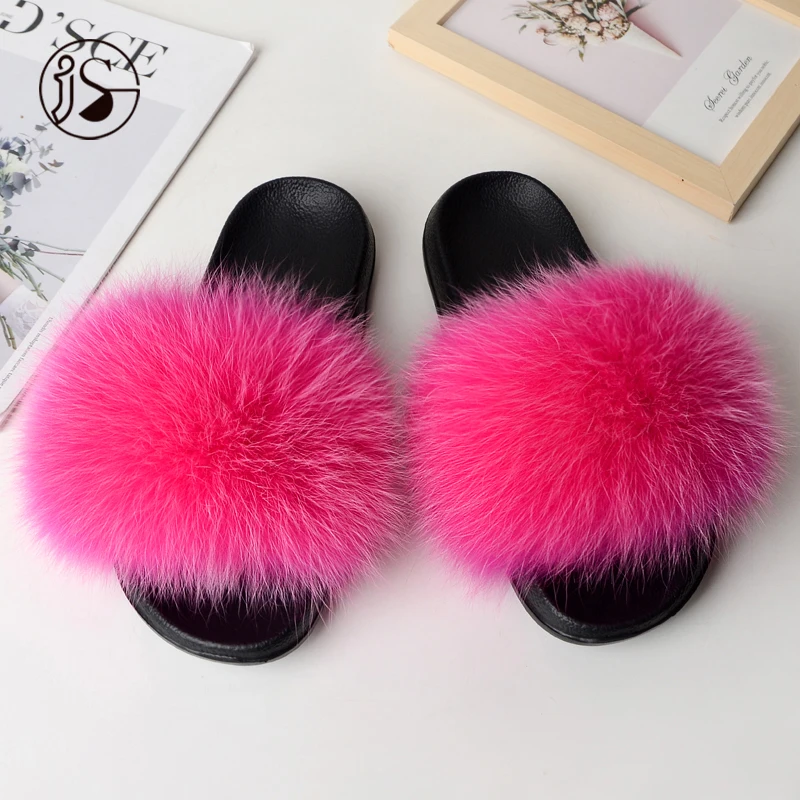 

2021 Hot Design Various styles fur slides plush comfy outdoor slides for women Real Fox comfy furry slippers, Picture