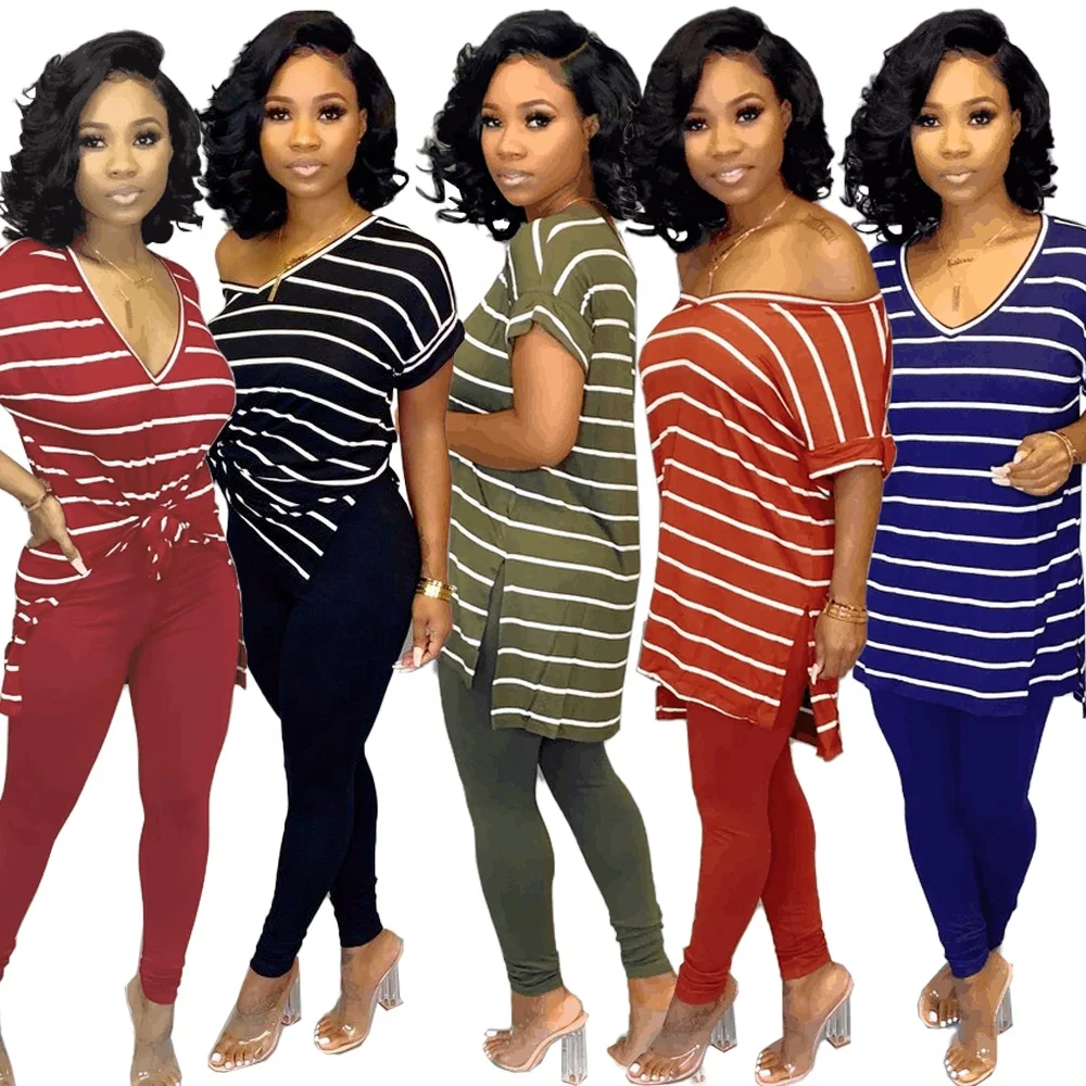 

Summer casual stripe printed tops a variety of wearing method deep V neck tshirt short sleeve blouses, Red,black,green,orange,royal blue